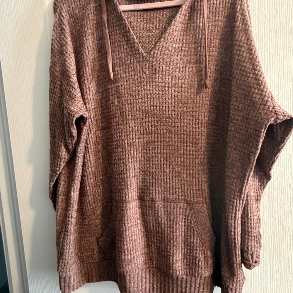 Cozy V-Neck Waffle Knit Hoodie Sweater - Brown